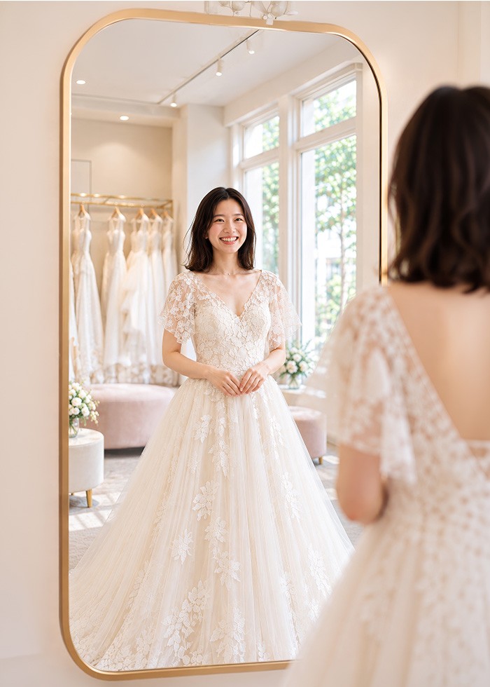 鏡の前でドレスを試着する女性